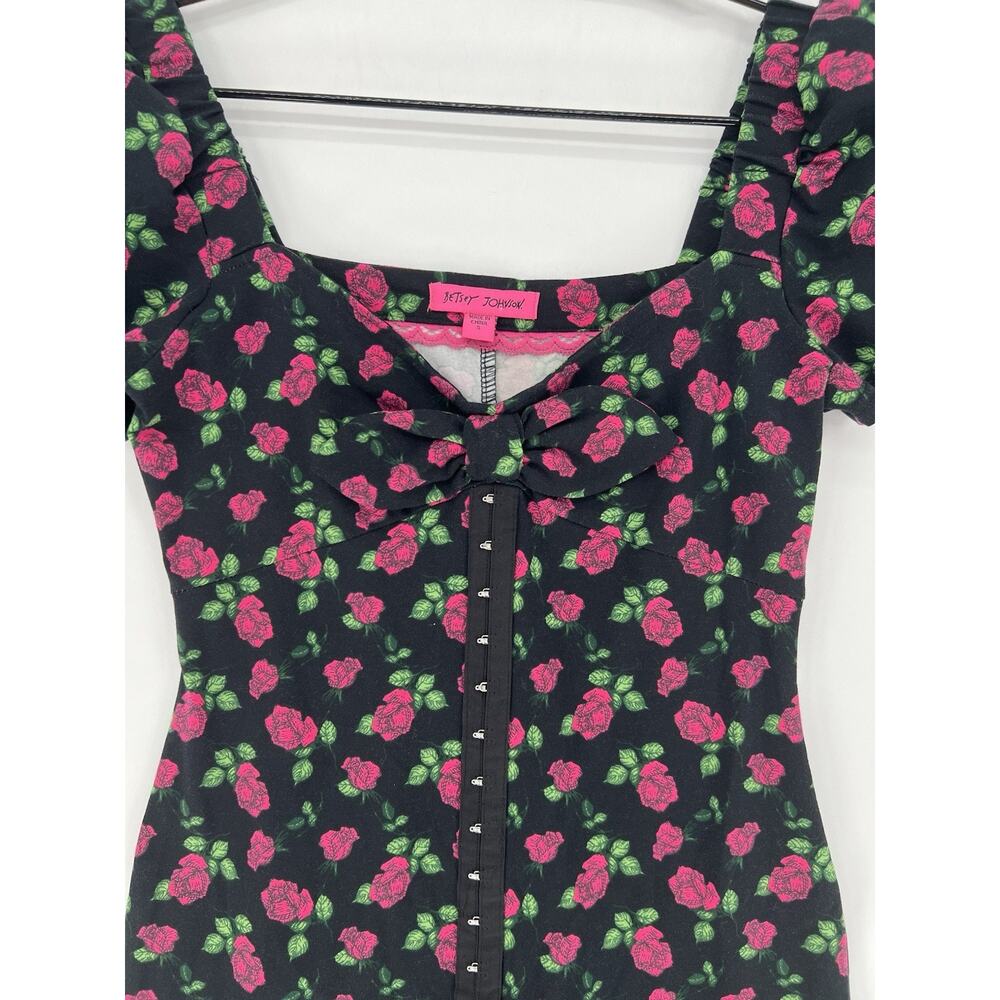 Betsy Johnson Rose Print Bodycon Dress Small Black Pink Floral Puff Sleeve Midi - Picture 4 of 13